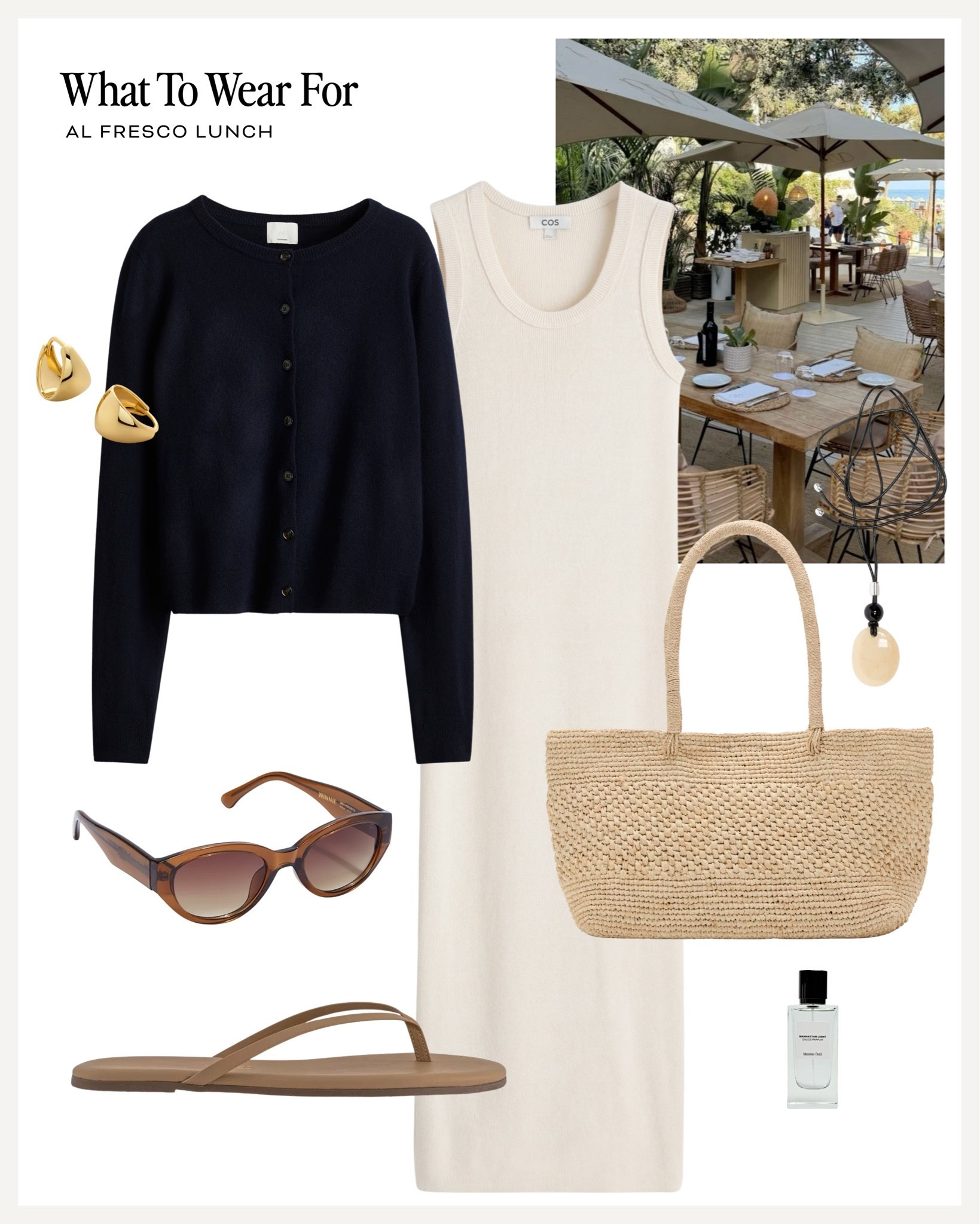 Effortless summer style ☀️ 

Al fresco lunch, long dress, navy cardigan, straw bag, summer outfits

#LTKsummer