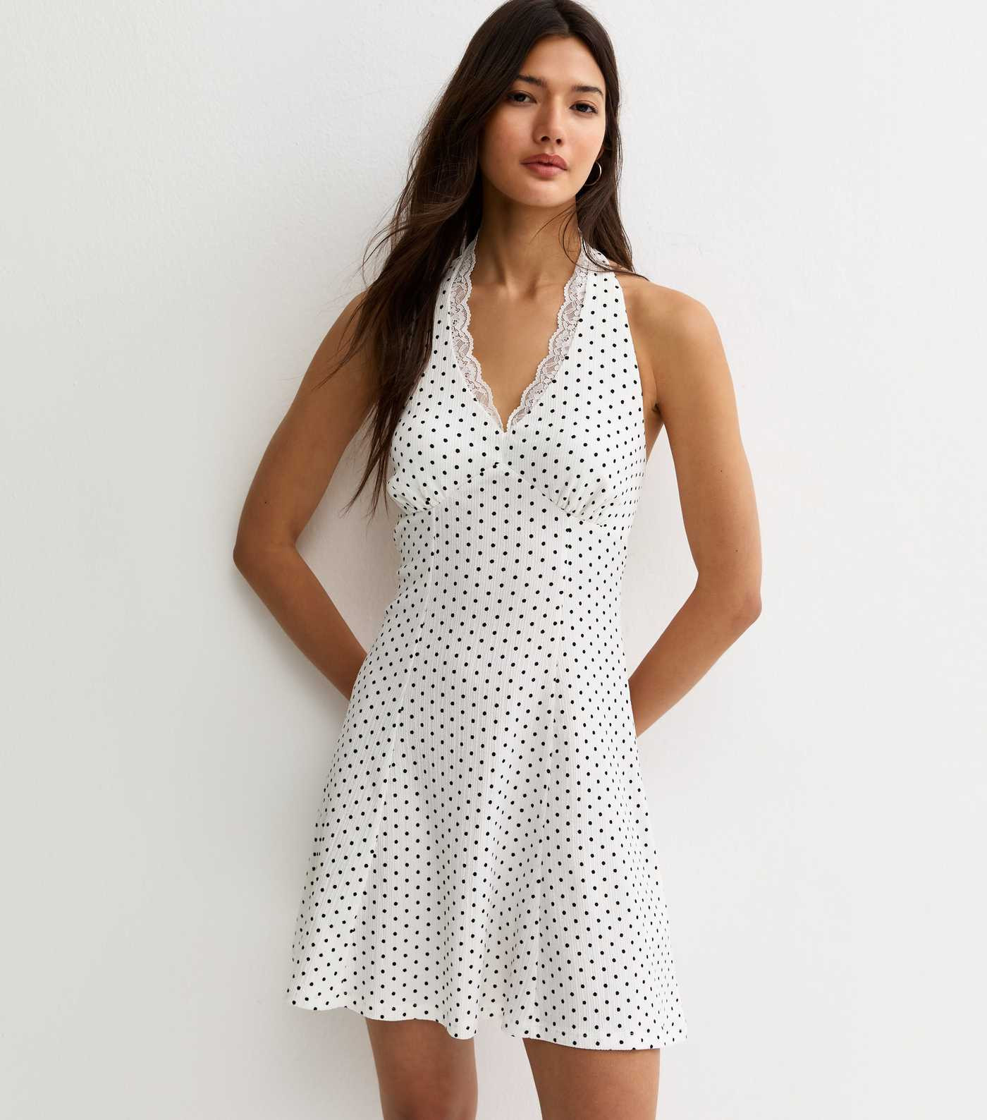 Cream Spot Print Lace Trim Halter Neck Mini Dress | New Look | New Look (UK)