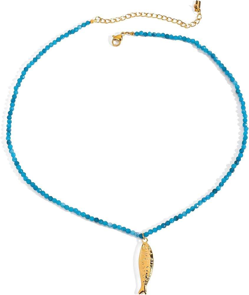 Boho Fish Necklace for Women - Blue Crystal Chain Sardine Pendant Necklaces, Bohemian Beach Jewel... | Amazon (US)