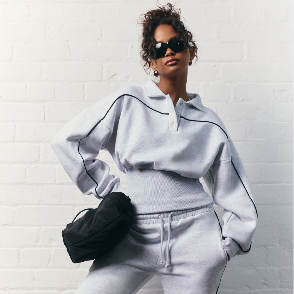 Contrast Piping Detail Button Front Cinched Waist Collared Sweatshirt In Light Grey Marl | EGO (UK)