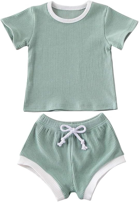 Newborn Baby Boys Girls Summer Outfits Infant Ribbed Knitted Cotton Short Sleeve T-Shirt + Shorts... | Amazon (US)