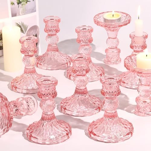Glass Candle Holder Set of 12, Pink Taper Candle Holders Bulk, Vintage Candlestick Holders, Candl... | Amazon (US)