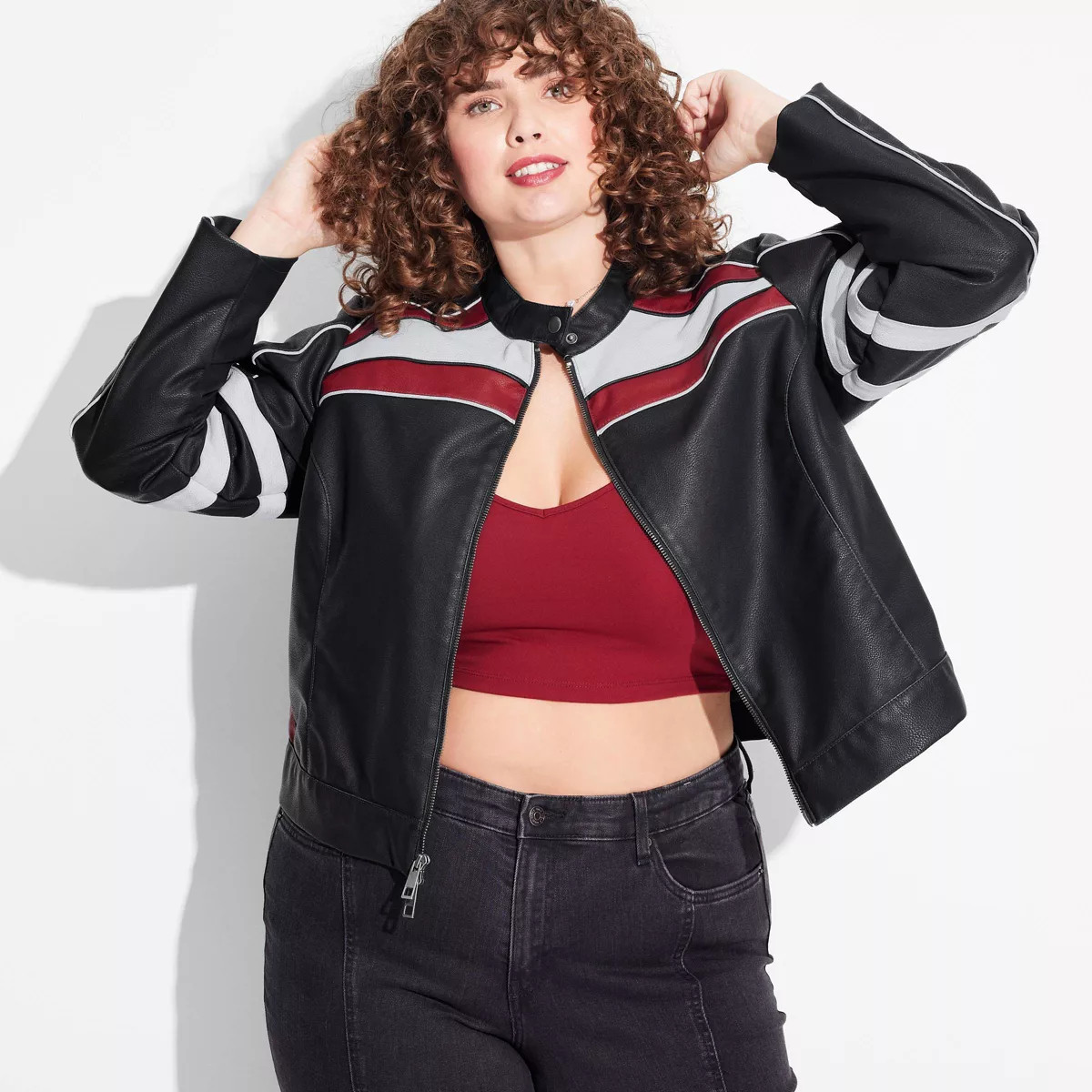 Women's Faux Leather Racing Jacket - Wild Fable™ Red/Black Striped | Target