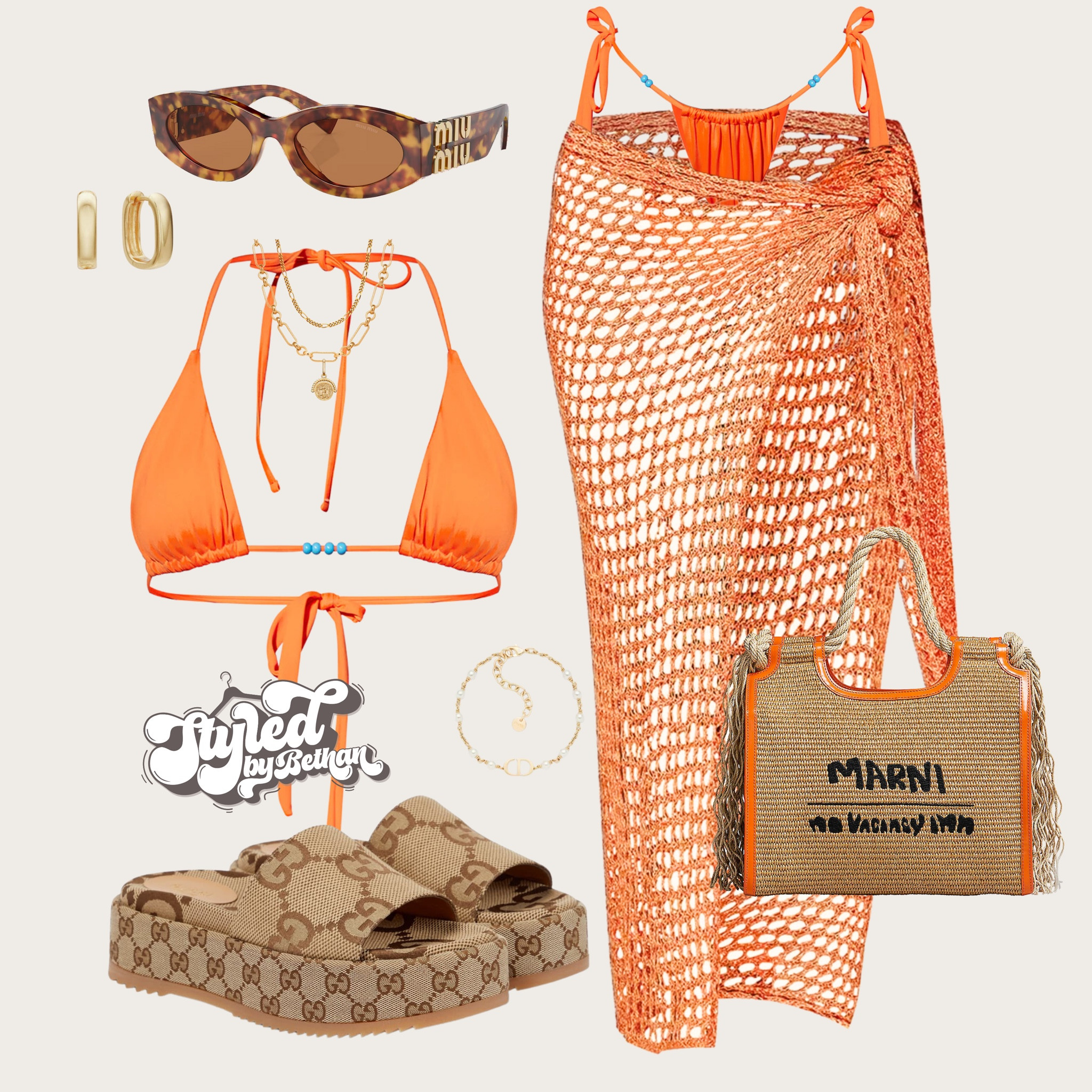 🍊🍊🍊 tags: pretty little thing orange bikini, pretty little thing orange crochet maxi skirt sarong, marni beach bag, gucci sliders, miu miu brown tortoise shell sunglasses, lily and roo gold earrings, abbot Lyon gold layered necklace, dior gold bracelet. Summer vacation, beach wear, swimwear, bikini, beach club, pool day, outfit inspiration inspo for Ibiza, Marbella, Greece. 

#LTKswimwear #LTKsummer #LTKeurope