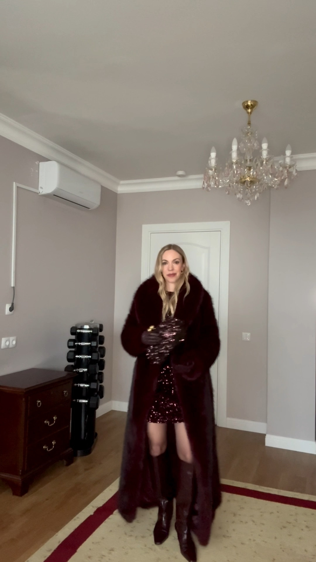 Burgundy red holiday party look, holiday date night outfit, burgundy sequin mini dress, burgundy faux fur coat, Zara sequin clutch, mini dress with sheer tights and tall boots 

#LTKootd #LTKHoliday #LTKFindsUnder50