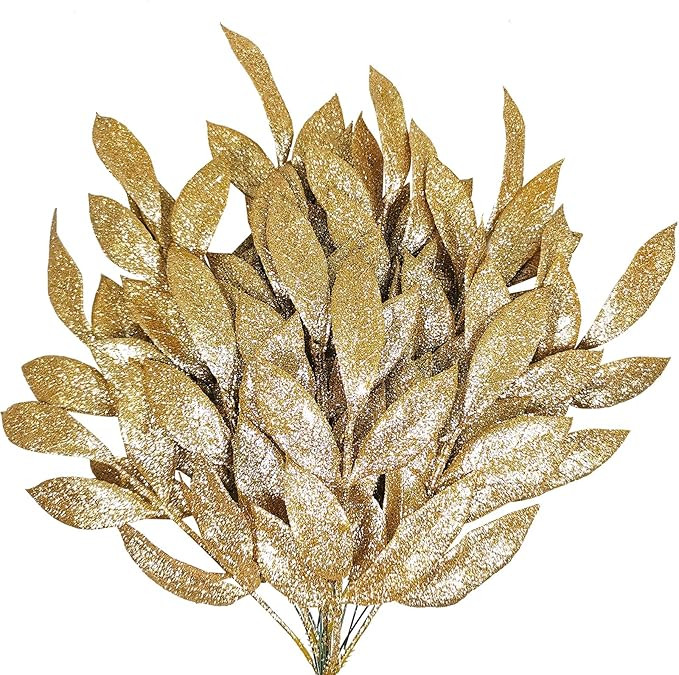 20 Pieces Gold Glittered Artificial Leaf Spray Picks 12" Tall for Christmas Winter Wedding Wreath... | Amazon (US)