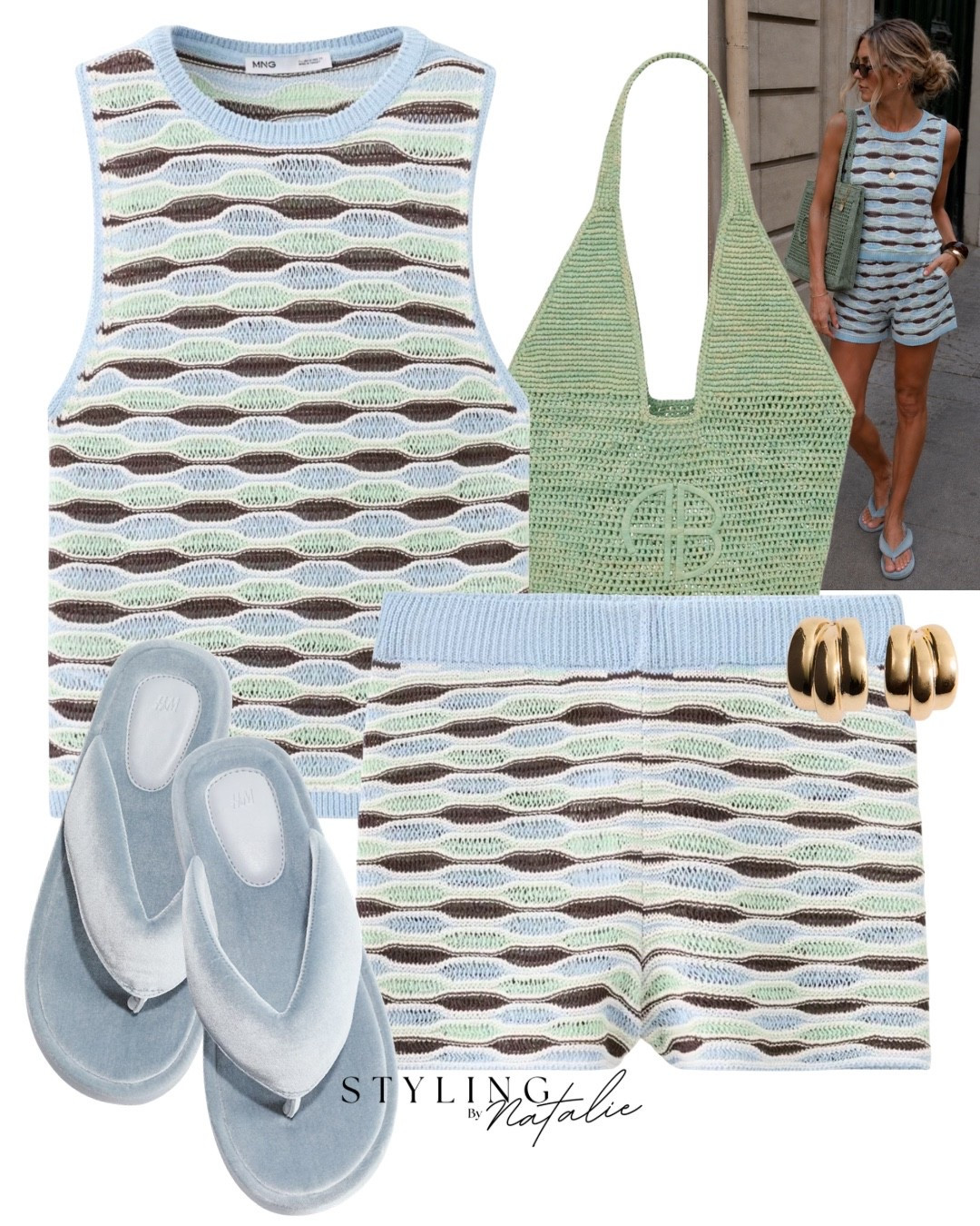 Summer co ord sets 🧚🏼🤎

Knit vest top and matching pull on shorts in wavy blue & green pattern. Anime bing tote bag, blue velour puffy sandals and gold earrings.
Easy outfit, summer style, everyday look, holiday outfit, vacation outfit, beach wear, mango

#LTKuk #LTKsummer #LTKeurope