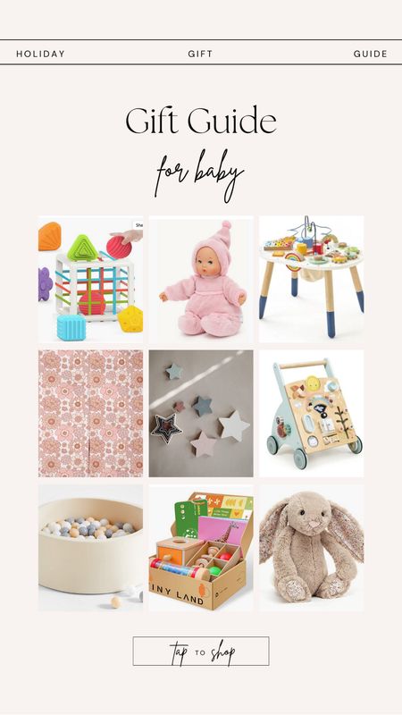 Gift guide for baby, stem toys, baby doll, activity table, playmat, stackable stars, nesting puzzle, push toy, wooden toys, ball pit, toy subscription box, bunny stuffed animal 

#LTKHoliday #LTKGiftGuide #LTKSeasonal