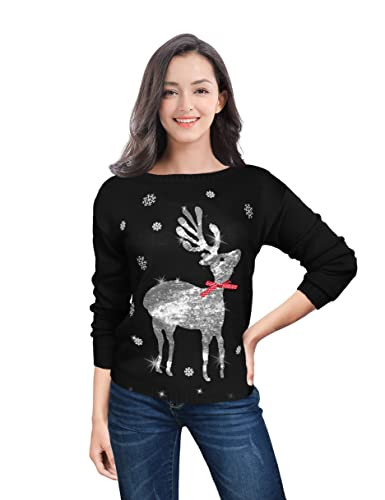 v28 Ugly Christmas Sweater for Women Reindeer Funny Merry Xmas Knit Sweaters(3X-Large, Black (Silvery Deer)) | Amazon (US)