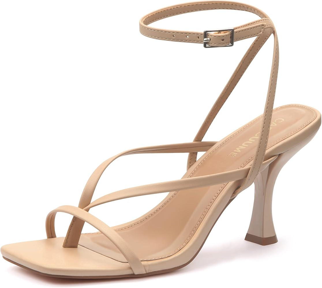 Womens Kitten Heels Square Toe Thong Strappy Ankle Strap Stiletto Heel Sandals | Amazon (US)