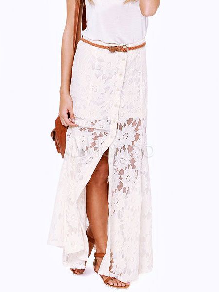 White Lace Skirt Button Front Split Long Skirt For Women | Milanoo