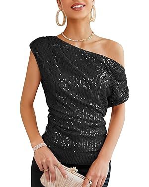 GRACE KARIN One Shoulder Sequin Sparkly Tops for Women Ruched Asymmetrical Glitter Tops Slimming ... | Amazon (US)