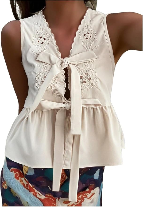 SOLY HUX Women's Y2k Bow Tie Front V Neck Sleeveless Blouse Eyelet Embroidery Ruffle Hem Babydoll... | Amazon (US)