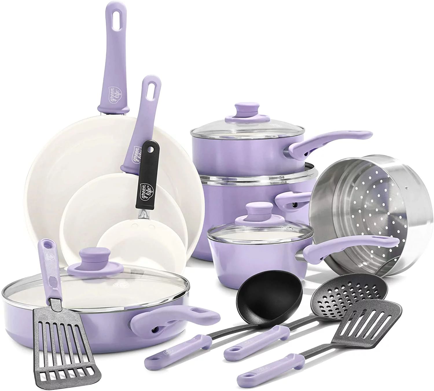 GreenLife Soft Grip Healthy Ceramic Nonstick, Cookware Pots and Pans Set, 16 Piece, Lavender - Wa... | Walmart (US)