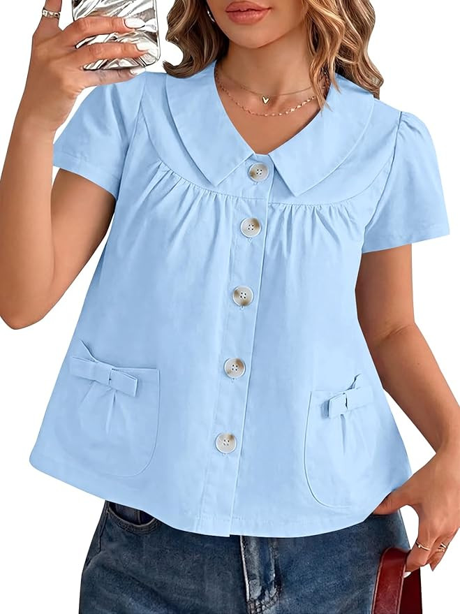 Tankaneo Womens Peter Pan Collar Button Down Shirts Short Sleeve Summer Casual Babydoll Blouse Cu... | Amazon (US)