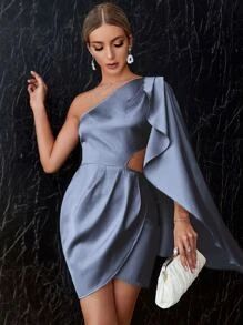 Double Crazy One Shoulder Cut Out Wrap Satin Dress
   SKU: sw2204026496396130      
          (13... | SHEIN