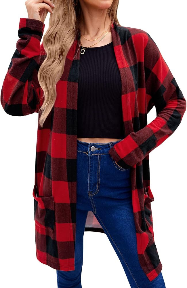 For G and PL Women's Christmas Red Buffalo Plaid Open Front Sweater Cardigan with Pockets | Amazon (US)