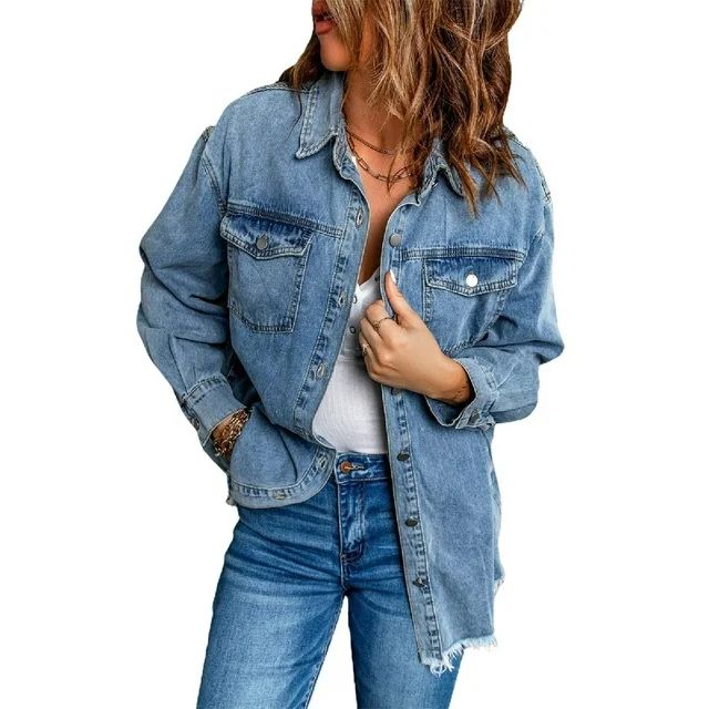 WSPLYSPJY Women's Distressed Oversize Frayed Hem Trucker Denim Jean Jacket Blue L | Walmart (US)