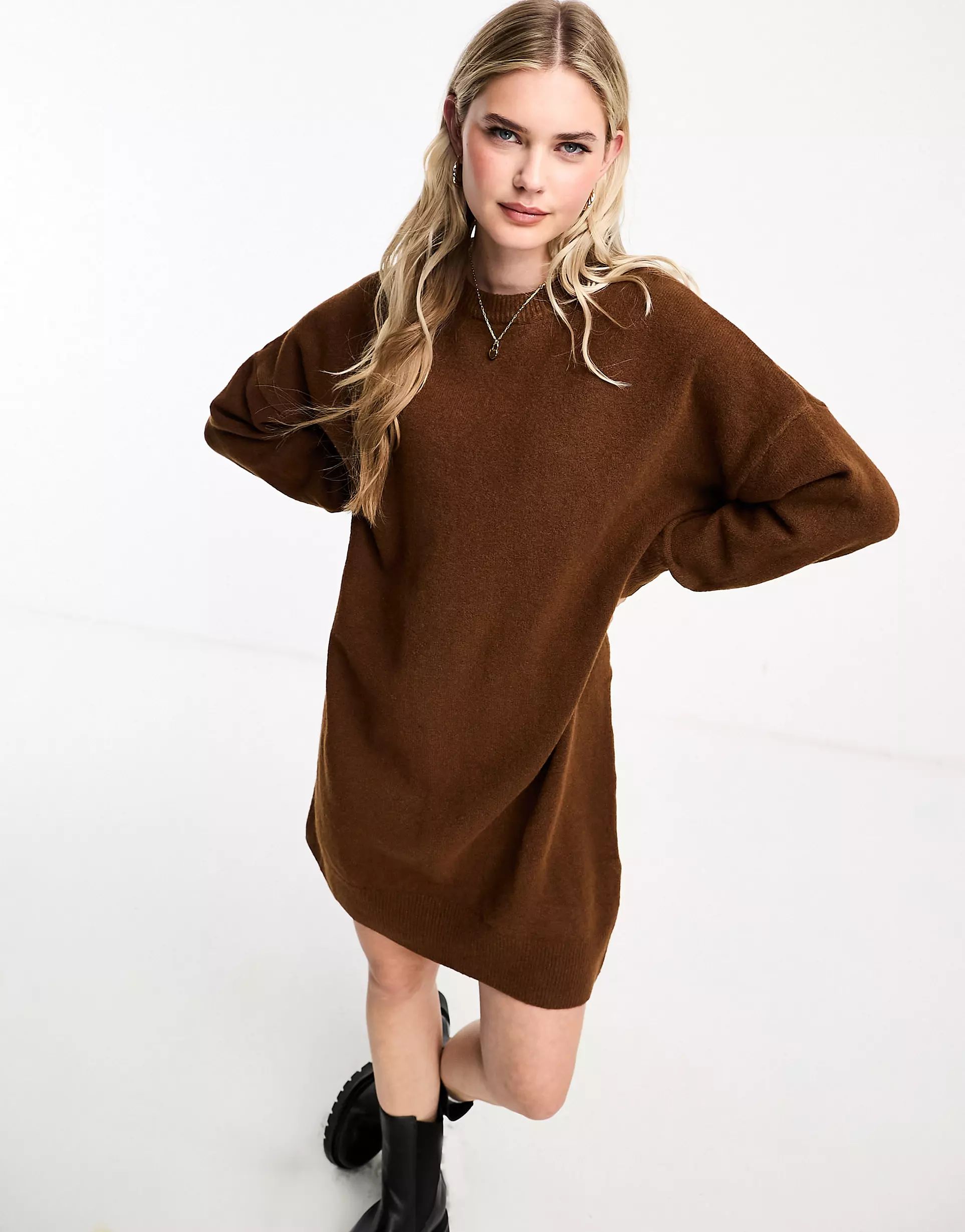 Monki long sleeve knitted jumper dress in brown | ASOS (Global)