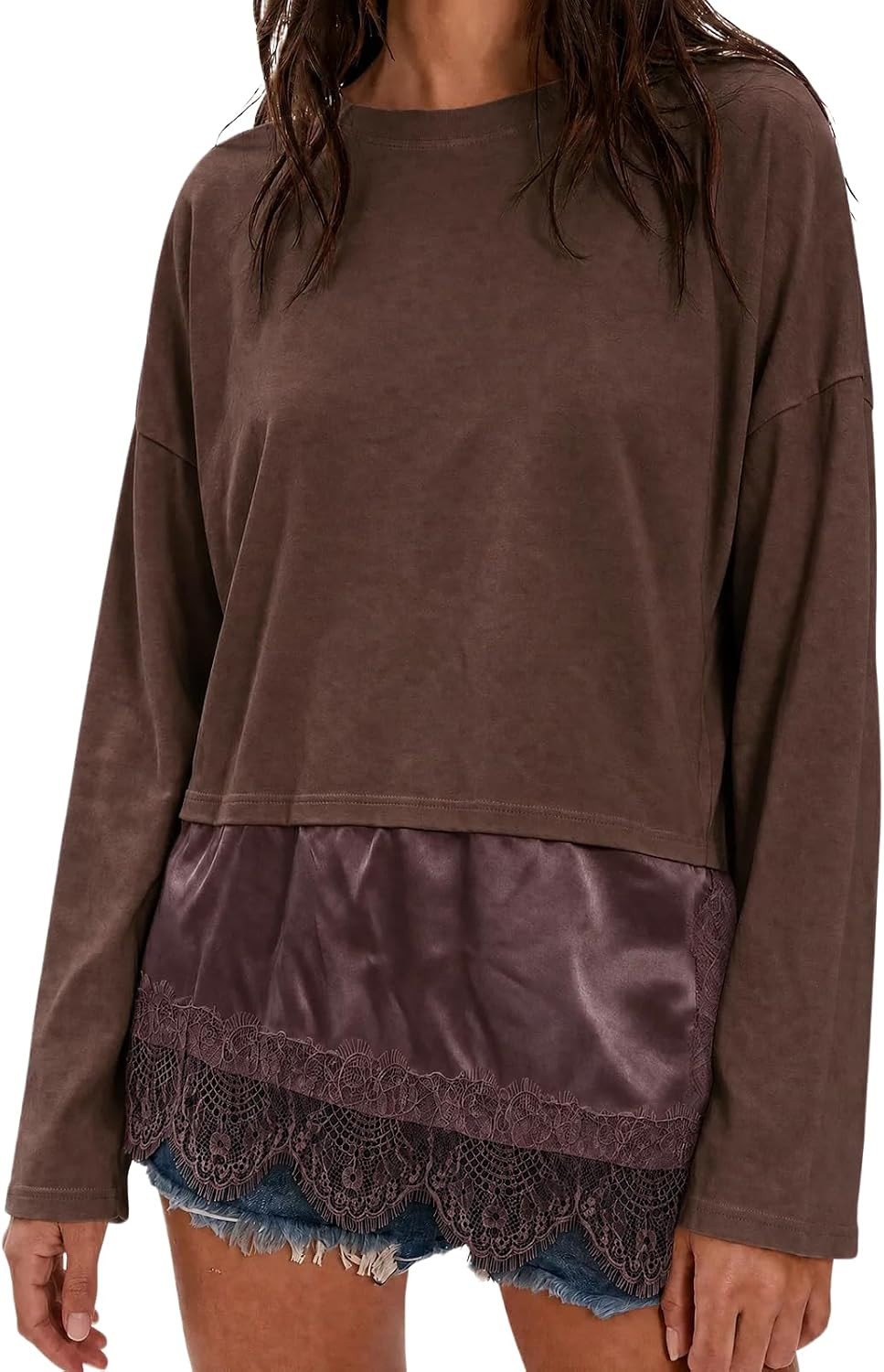 Tankaneo Womens Long Sleeve Lace Trim Tops Fall Asymmetrical Tunic Shirts | Amazon (US)