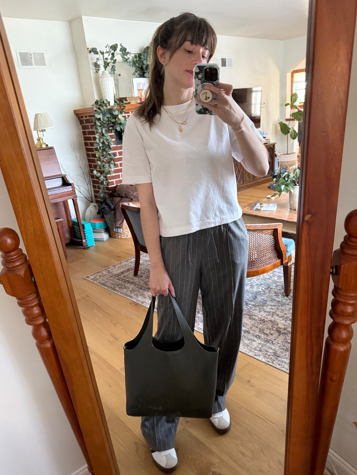 Elevated casual late summer outfit. Cropped white tee with stretchy waistband trousers, adidas sneakers, and fall leather bag. #cuyana #sezane 

#LTKItBag #LTKOver40 #LTKSaleAlert