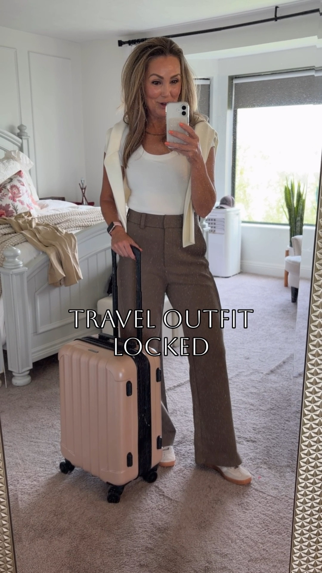 Best travel outfit! Whether you’re taking off on a road trip or heading to the airport. 

Perfect trousers wearing size M
Scoop neck tee with built in bra wearing size S - I would size up. 
Sneakers, cardigan for warmth. 

#traveloutfit #womenover50 #springoutfit

#LTKTravel #LTKootd #LTKgrwm