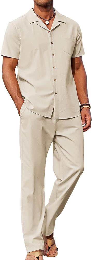 COOFANDY Men 2 Piece Linen Outfit Beach Button Down Shirt Casual Loose Pant Sets | Amazon (US)