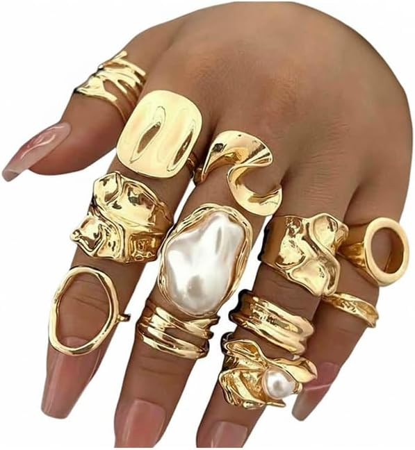 FAXHION 12 PCS Chunky Gold Rings for Women Non Tarnish Statement Flower Ring, 14K Gold Plated Sta... | Amazon (US)