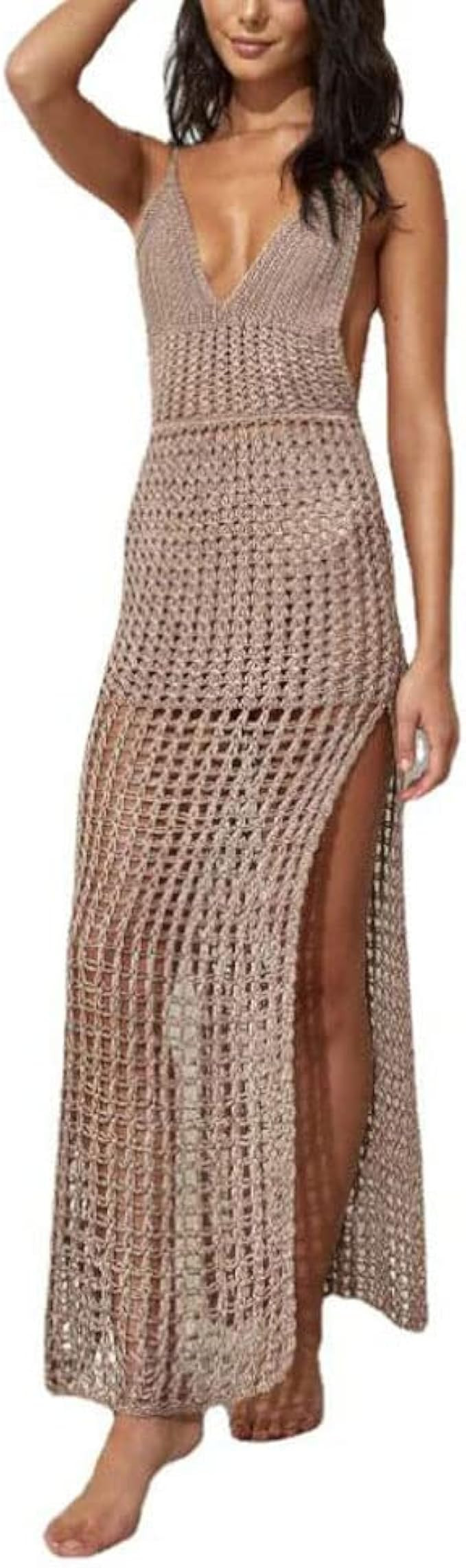 Women Y2k Crochet Knitted Halter Neck Long Dress Sexy V Neck Backless Maxi Dress Hollow Out Bodyc... | Amazon (US)