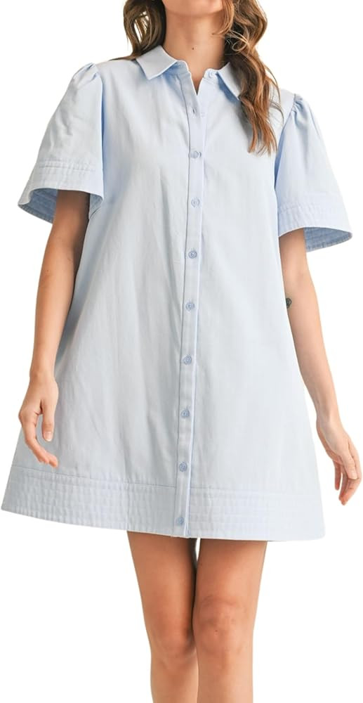 Womens Short Sleeve Button Down Mini Shirt Dress Lapel Collar Short Dresses with Pocket | Amazon (US)