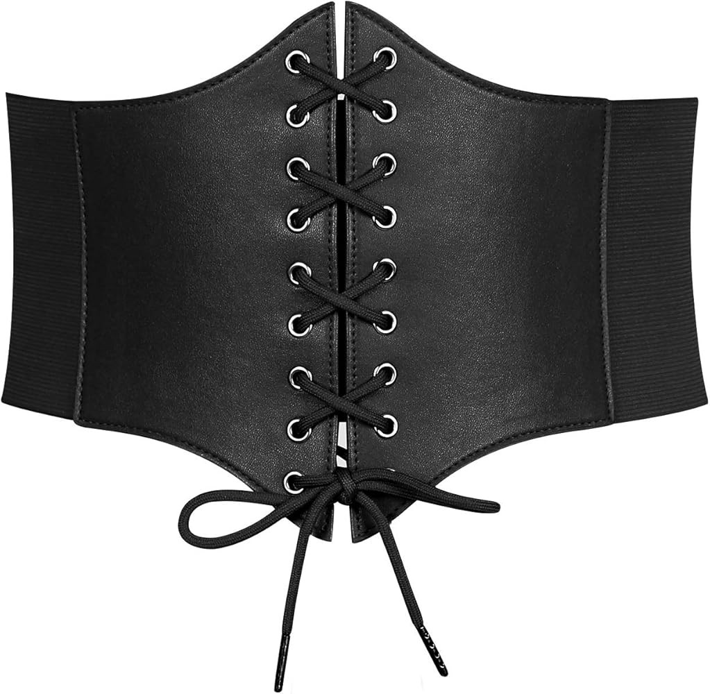 LEACOOLKEY Women Black Tied Waspie Belt, Lace-up Cinch Belt, Corset Elastic Waist Belt | Amazon (US)