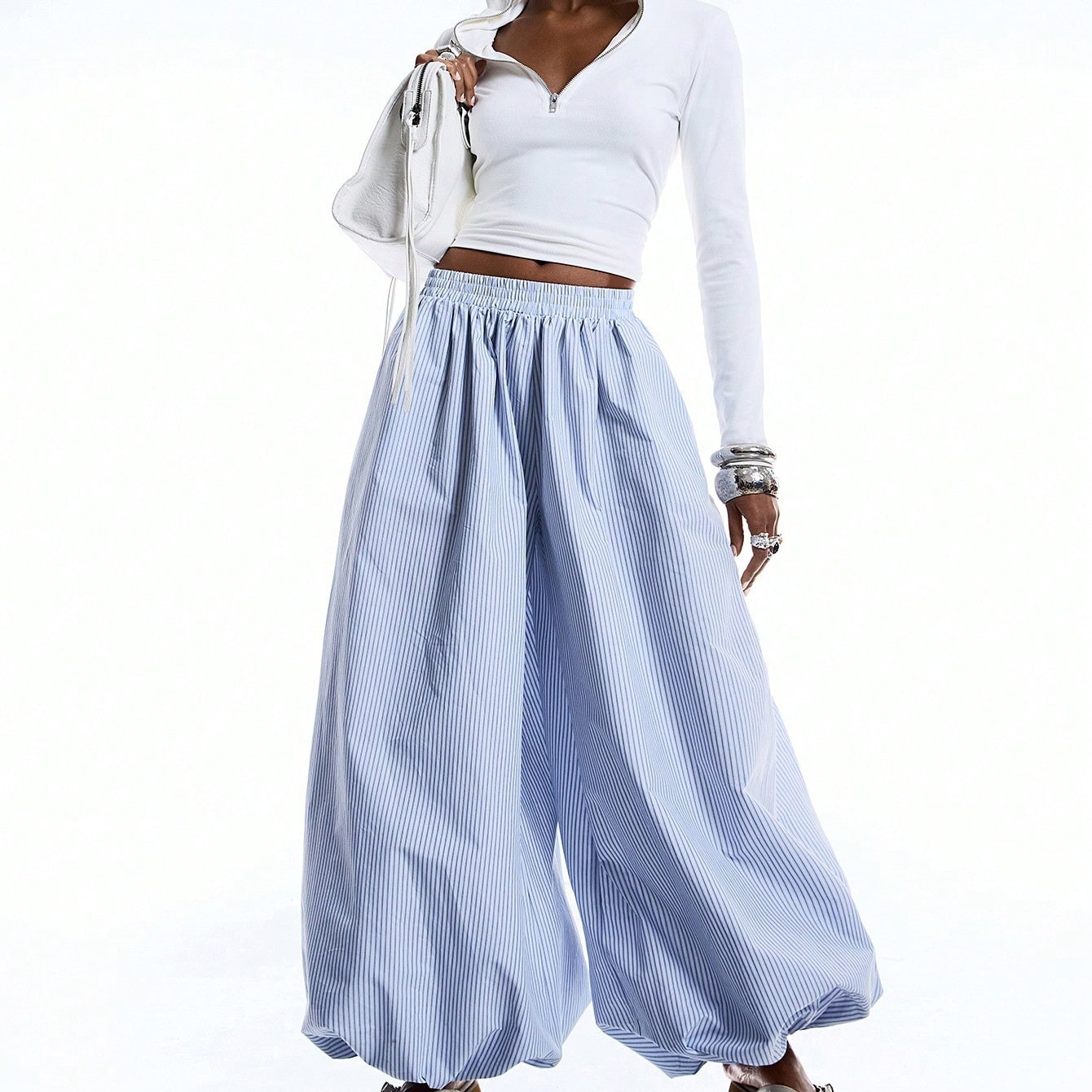 LYSMO 2026 New Arrive Minimalism Spring/Summer Women's Elastic Waist Striped Pocket Loose Harem Pants | SHEIN