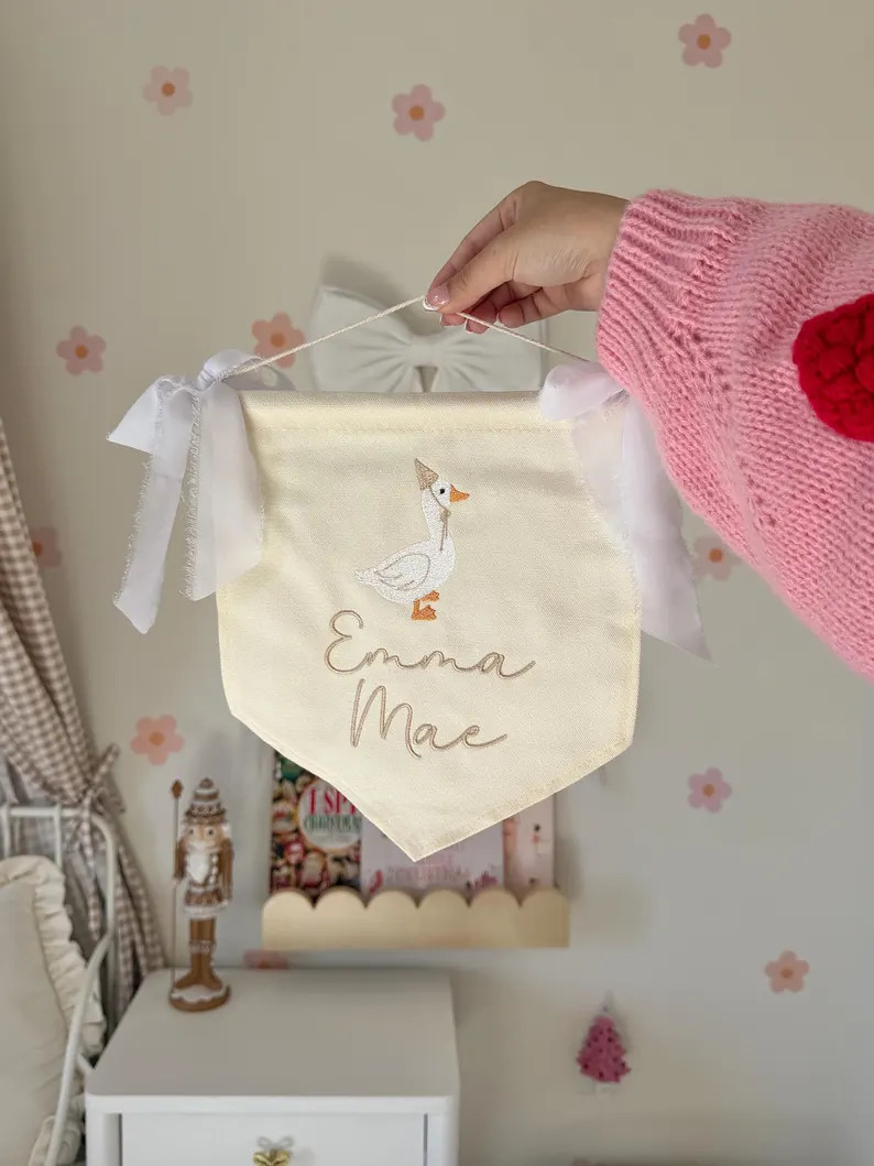 Personalized Goose Name Banner – Custom Nursery Wall Decor – Baby Shower Gift – Embroidered... | Etsy (US)
