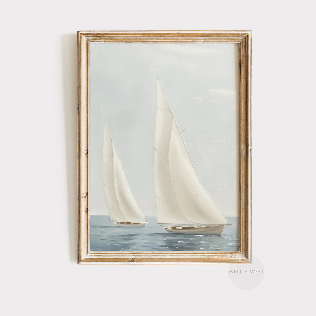 Vintage Style Sailboat Art | Soft Coastal Seascape Oil Painting | Printable Beach House Wall Deco... | Etsy (US)