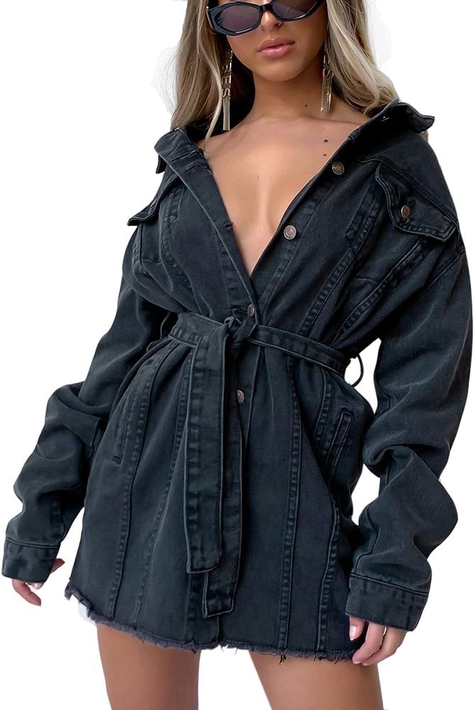 Oversized Jean Jacket Women's Vintage Washed Denim Jacket | Amazon (US)