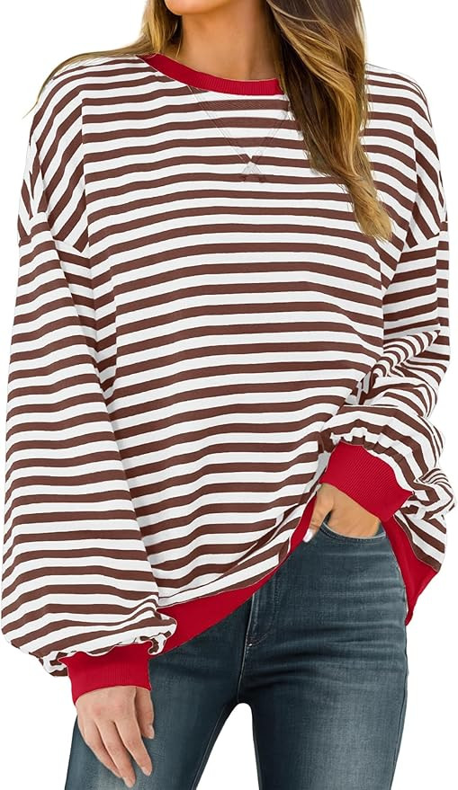 Women Sweatshirt Striped Crew Neck Oversized Long Sleeve Sweatshirt Color Block Loose Pullover | Amazon (US)