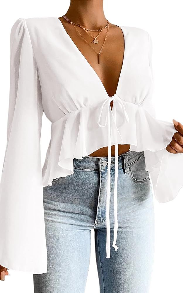Hilinker Women's Deep V Neck Long Sleeve Crop Top Chiffon Ruffle Hem Blouse Shirt | Amazon (US)