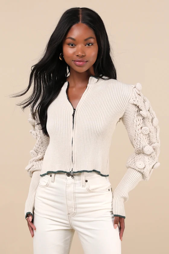 Alo Beige Ribbed Zip-Front Statement Sleeve Cardigan | Lulus