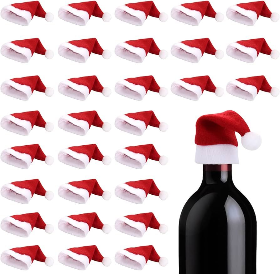 ONEYIM 30PCS Mini Santa Hats Wine Bottles Cover Silverware Holder Home Christmas Decor | Amazon (US)