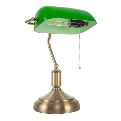 YANSUN 15 in. 1-Light Rustic Brass Table Lamp with Green Glass Shade E26, Modern Table Lighting for Bedroom or Living Room | Target