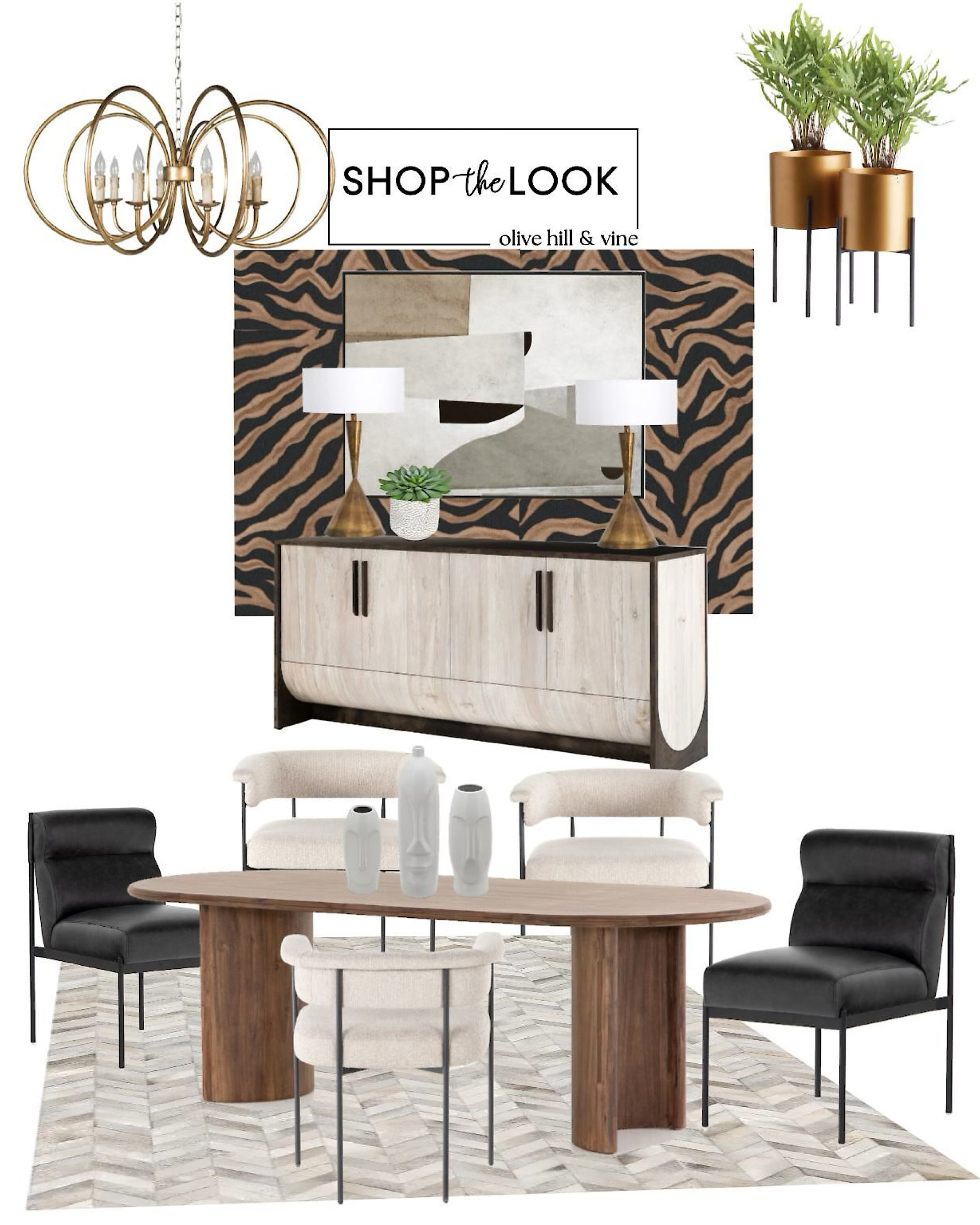 Step into our wild dining wonderland – where tiger stripe wallpaper roars, chairs flaunt dark iron legs, and the dining table shouts elegance in seasoned brown acacia! It's a visual feast with abstract face vases stealing the spotlight, and gold accents scattered like treasures – a symphony of stylish chaos creating an extraordinary dining experience that's anything but ordinary!

#LTKhome #LTKstyletip #LTKfamily