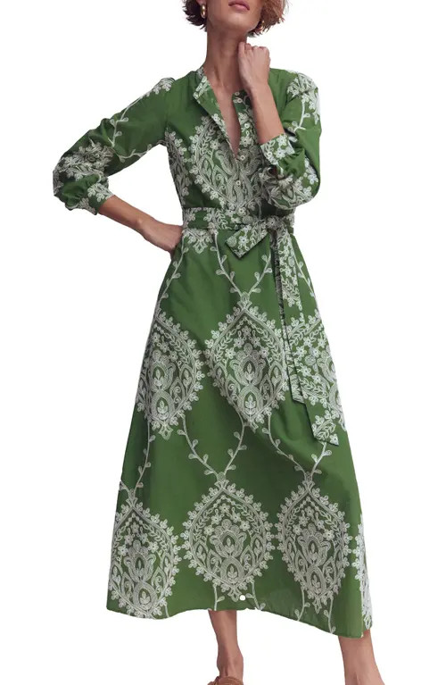 Boden Ava Embroidered Long Sleeve Cotton Midi Dress in Green Broderie at Nordstrom, Size 2 | Nordstrom
