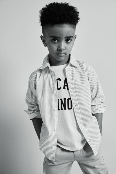 Long-sleeved Cotton Shirt - Long sleeve - Regular length - Beige/striped - Kids | H&M US | H&M (US + CA)