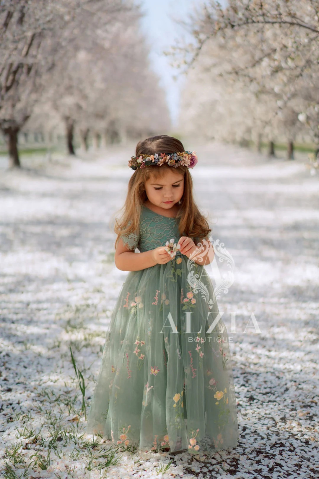 Sage Green Floral Embroidered Tulle Flower Girl Dress, Easter Girls Dress, Spring Flower Girl Dre... | Etsy (US)