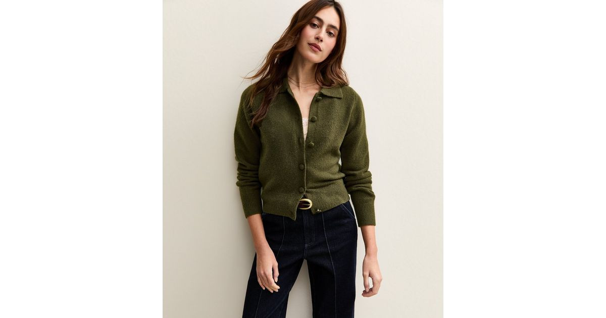 Dark Khaki Midweight Knit Collared Cardigan | New Look | New Look (UK)
