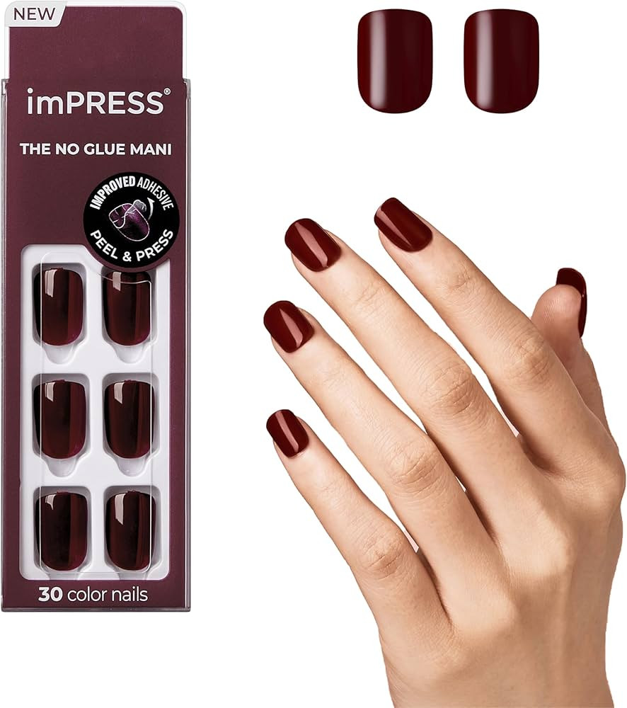 KISS imPRESS No Glue Mani Press On Nails, Color, 'I'm Not a Cinna', Red, Short Size, Squoval Shap... | Amazon (US)
