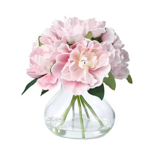Pink Peonies Artificial Flowers with Glass Vase, Silk Faux Peony Flower Arrangement with Faux Water, Fake Flowers in Vase for Table Centerpieces, Shelf Bathroom Decor, Home & Wedding Decoration | Amazon (US)