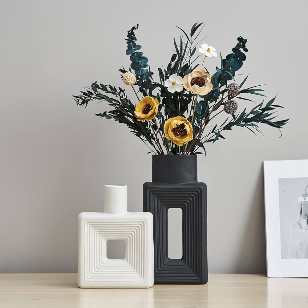 Black and White Vase for Home Decor Ceramic Vase Set of 2 Modern Vases for Dry Flower Ribbed Vase... | Amazon (US)