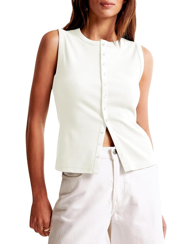 Cioatin Women Ribbed Button Down Tank Tops Sleeveless Crew Neck Slim Fit Open Front Crop Vest Goi... | Amazon (US)