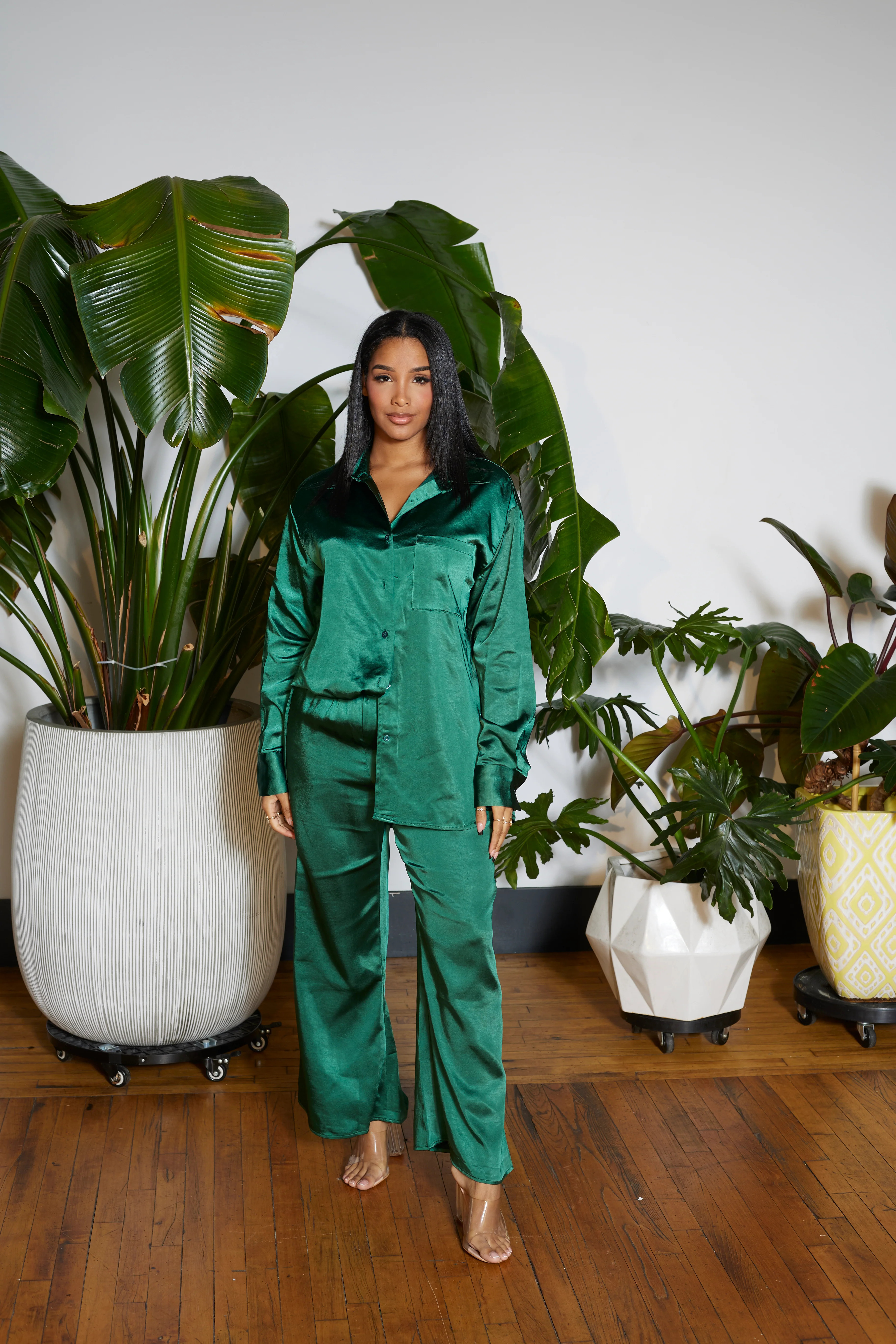Daily Co-ord Satin Shirt Set- Green Small (2-8) | Cutely Covered